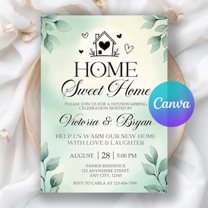 Housewarming Party Invitation, Greenery Home Sweet Home Invitation, Housewarming New Home Printable Digital Invite, Editable Canva Template