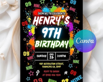 Einladung zum 9. Geburtstag für Jungen, Neon-Partyeinladung für Jungen, digitaler Download, bearbeitbare Canva-Vorlage