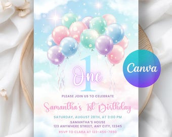 Inbjudan till 1-årsdag med pastellfärgade regnbågsballonger, tjejfestinbjudan, digital nedladdning, redigerbar Canvas-mall