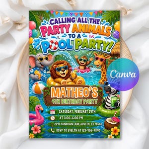 Oproep aan alle feestbeesten verjaardagsuitnodiging zwembadfeest, Animal Splash Bash, Safari-uitnodiging, digitale download, bewerkbare canvassjabloon