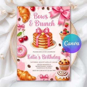 Könnte beinhalten: Rosafarbene Einladung mit dem Text "Bows & Brunch" und "Katie's Birthday." Das Design beinhaltet Illustrationen von Pfannkuchen, Croissants, Donuts, Cupcakes, Kirschen, Schleifen und Kaffeebohnen. Das Canva-Logo ist sichtbar.