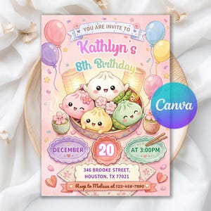 Könnte beinhalten: Eine rosa Geburtstagseinladungskarte mit illustrierten Bao-Brötchen im Bambusdämpfer, bunten Luftballons und Kirschblüten. Text: YOU ARE INVITE TO Kathlyn's 8th Birthday, DECEMBER 20 AT 3:00PM, 346 BROOKE STREET, HOUSTON, TX 77021, Rsvp to Melissa at 123-456-7890.