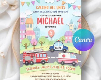 Emergency Vehicles Birthday Invitation, First Responders Party, Police Officer Firefighter Invite, Calling All Units,Editable Canva Template