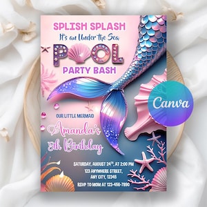 Mermaid Tail Birthday Invitation, Mermaid Bash Party, Under the Sea Birthday Invite, Girl Mermaid Party Invite, Editable Canva Template