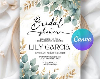 Eucalyptus Greenery Bridal Shower Invite, Greenery Wedding shower Invite, Botanical Bridal Shower Digital Download, Editable Canva Template