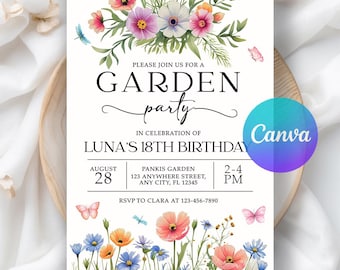 Girl Wildflower Birthday Invitation, Girls Floral Party Invite, Digital Download, Editable Canva Template