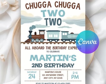 Chugga Chugga Two Two Birthday Invitation, Train Second Birthday Printable Invite, All Aboard Boys Birthday Invite, Editable Canva Template