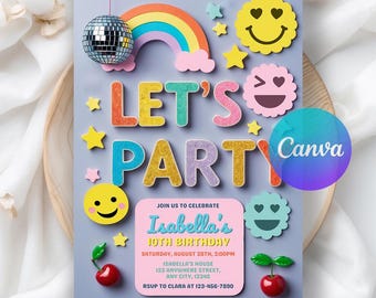 Lettre d'invitation preppy patch, invitation université patch party, faire preppy smiley face, anniversaire rétro groovy, modèle de toile modifiable