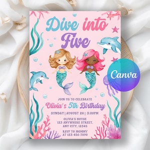 Dive Into Five Mermaid Invitation, Mermaid Birthday Invitation, Pink Girl 5th Birthday Invite, Under the Sea Theme, Editable Canva Template