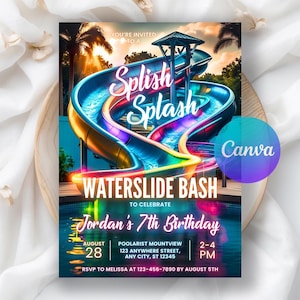 Editable Waterslide Birthday Invitation, Water Slide Invitation, Boy Girl Splash Party Invite, Neon Water Slide Bash Editable Canva Template