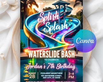 Bewerkbare waterglijbaan verjaardagsuitnodiging, waterglijbaan uitnodiging, jongen meisje splash feestuitnodiging, neon waterglijbaan bas bewerkbare canva-sjabloon