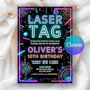 Könnte beinhalten: Eine schwarze Laser-Tag-Geburtstagseinladung mit Neontext und Grafiken. Die Einladung enthält den Text "LASER TAG", "OLIVER'S 10TH BIRTHDAY" und Veranstaltungsdetails. Das Design hat ein lebendiges, futuristisches Thema.