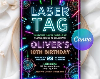 Laser Tag Birthday Invitation, Laser Tag Invitation, Neon Laser Tag Invite, Neon Glow Laser Party Digital Download, Editable Canva Template