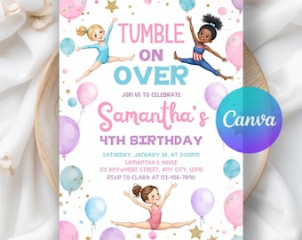 Invitación de cumpleaños de gimnasia, invitación a una fiesta de cumpleaños de gimnasia, salto, voltereta y juego, invitación a una fiesta de gimnasia para niñas, plantilla editable de Canva