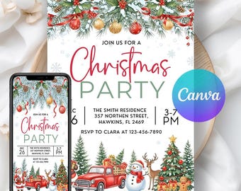 May include: A Christmas party invitation with festive elements. The design features a red truck carrying gifts, a snowman, and a reindeer. The invitation includes the text "Christmas Party" and event details.