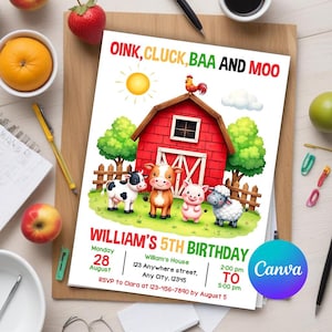 Bauernhof Geburtstagseinladung, Bauernhoftiere Party lädt ein, Bauernhoftiere Geburtstag Kindereinladung, Barnyard Animals Party, bearbeitbare Canva Vorlage