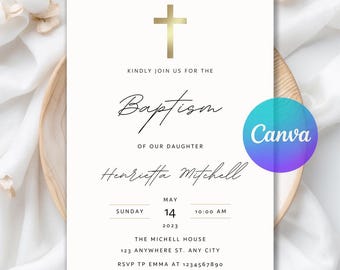 Baptism Invitation Template, Minimalist Baptism Invitation, Baptism Invitation Gold, Simple Baptism Invite Printable Editable Canva Template