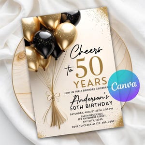 Black Gold Invite, 50th birthday invite, Birthday Dinner, womens 50th birthday, Fifty Birthday, 50th Party, 50th digital invite, text message invite, Birthday Brunch, 50th invitation, 50th birthday mens