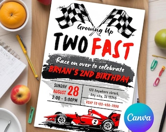 Two Fast Birthday Invitation, Two Fast 2 Curious Race Car Invite, 2nd Birthday Invitation, Racing Car Party Invites, Editable Canva Template