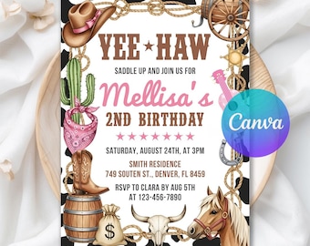 Western Hoedown Cowgirl Birthday Invitation, Saddle Up Rodeo Party Invite, Digital Download, Editable Canva Template