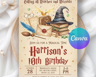 Invito di compleanno per maghi e streghe, invito per maghi, invito di compleanno per maghi della scuola di magia, download digitale, modello Canva modificabile