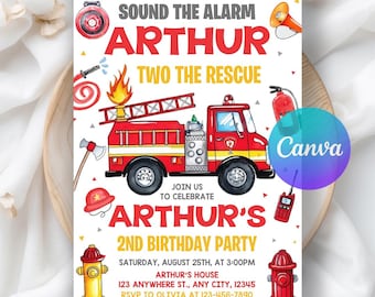 Invitation d'anniversaire modifiable de camion de pompier, invitation de camion de pompier, invitation de camion de pompier, anniversaire de garçons de pompier, modèle de toile modifiable