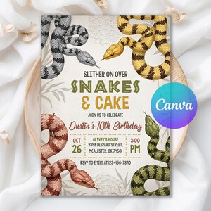 Snake Python Birthday Invitation, Snake Invitation, Party Animal Reptile Kids Invite, Reptile Party Birthday Invite, Editable Canva Template