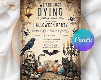 Vintage Halloween Invitation, Adult Halloween Skeleton Invitation, Cocktails and Costumes Invite, Halloween Party, Editable Digital Download