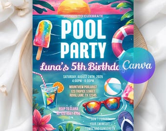 Summer Pool Party Geburtstagseinladung, digitale Einladung Pool Party, Sommer Party einladen, Schwimmen druckbare einladen, bearbeitbare Canva Vorlage