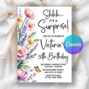 Shhh It&#39;s a Surprise Birthday Invitation, Wildflower Birthday Invite, 30th 40th 50th 60th Floral Garden Party Invite,Editable Canva Template