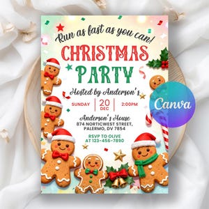 May include: A festive Christmas party invitation with gingerbread men wearing Santa hats and scarves. The invitation includes the text "Run as fast as you can! CHRISTMAS PARTY" and event details. The design features holly, candy canes, and a Canva logo.