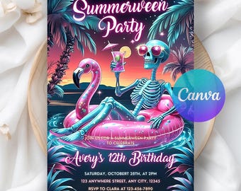Summerween Birthday Invitation, Spooky Summer Celebration Invite, Ghost Pool Party Invite, Halloween Digital invite, Editable Canva Template