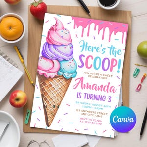 Ice Cream Birthday Invitation, Ice Cream Party Invitation, Here&#39;s the Scoop, Sweet Celebration Girl Birthday Invite, Editable Canva Template