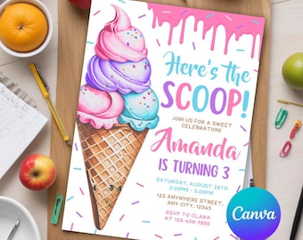 Ice Cream Birthday Invitation, Ice Cream Party Invitation, Here's the Scoop, Sweet Celebration Girl Birthday Invite, Editable Canva Template