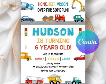 Transportation Birthday Invitation, Honk, Beep, Choo Choo, Train, Truck Birthday Invitation, Cars Birthday Invite, Editable Canva Template