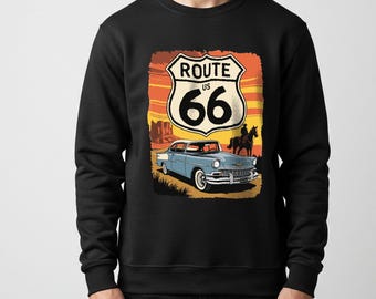 Vintage Route 66-bilaffisch: Retro amerikansk motorvägskonst (PNG-fil)