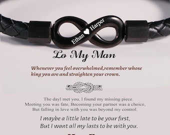 To My Man, gepersonaliseerde namen leren Infinity-armband, aangepaste leren armband, jubileumcadeau van vrouw, cadeau voor hem, verjaardagscadeau heren