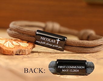 Cadeaux de confirmation pour garçons, cadeau pour la première communion avec bracelet gravé personnalisé noir, cadeaux chrétiens pour lui, bracelet de baptême de famille,