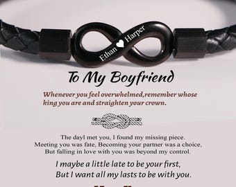 Aan mijn vriend, gepersonaliseerde namen leren oneindigheidsarmband, aangepaste leren armband, jubileumcadeau van vrouw, verjaardagscadeau voor hem
