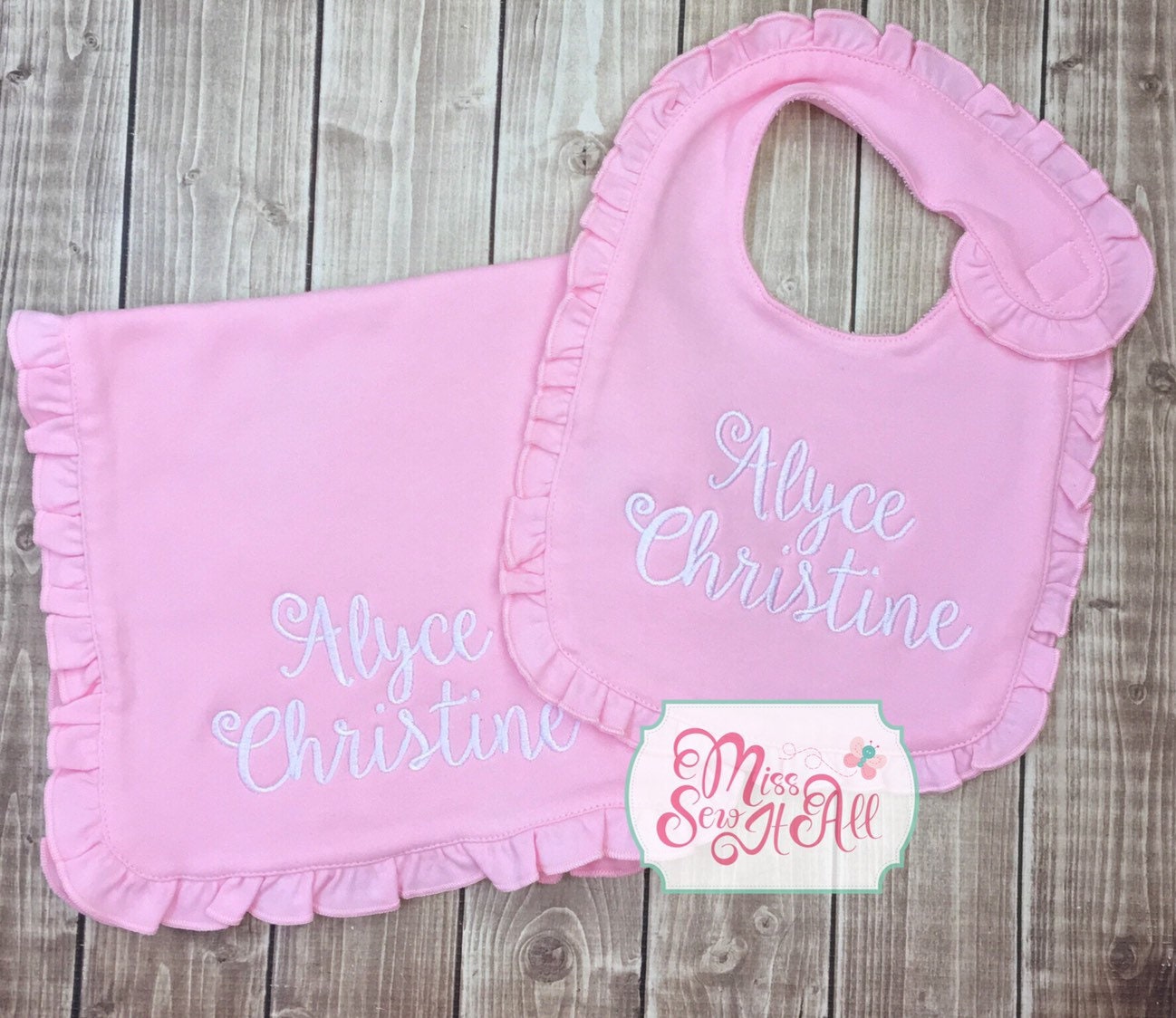 Pink Ruffle Bib Girls Pink Ruffled Bib and Burp Cloth Set, Monogrammed Baby Gift - Etsy