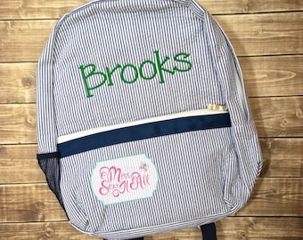 Monogrammed Seersucker Backpack, Custom Embroidered Name
