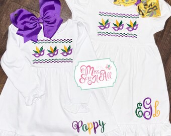 Girls Smocked Mardi Gras Dress, Custom Mardi Gras Dress, Mardi Gras Mask Dress