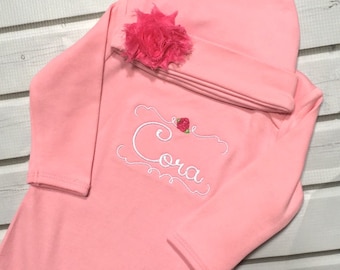 Personalized Baby Girl Gown and Hat Set, Monogrammed Gown