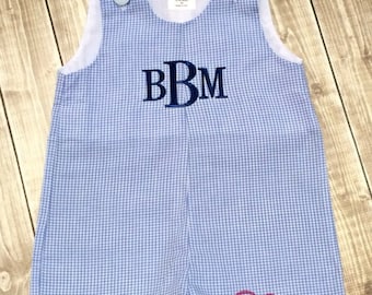 Boys Blue Gingham Monogrammed Jon Jon, Shortall