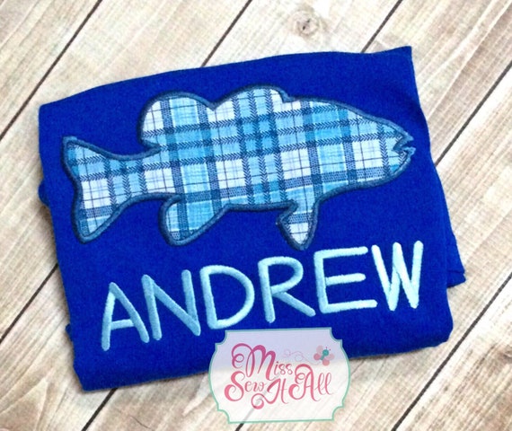 Boys Plaid Bass Fish Shirt, Custom Name Royal Blue Tee