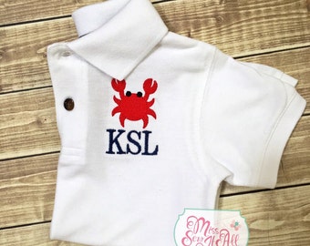 Boys Crab Monogrammed Polo, Boys Crab Shirt, Custom Crab Shirt, Summer Crab Shirt