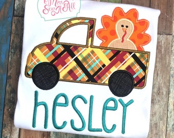 Boys Thanksgiving Shirt, Turkey Truck Appliqué, Custom Name