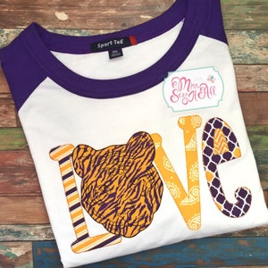 Adult or Youth Purple and Gold Tiger Love Unisex Raglan Shirt, Tiger Love Shirt, Custom Tiger Love Shirt, Custom Tiger Shirt, Ladies Tiger