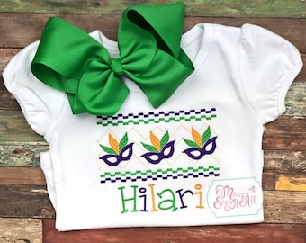 Girls' Faux Smocked Mardi Gras Mask Shirt, Carnival Season
