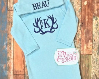 Monogrammed Baby Boy Gown and Hat, Deer Antler Set